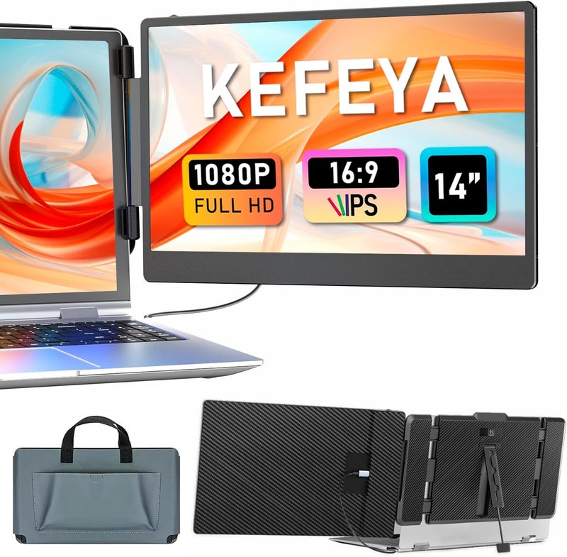 KEFEYA Laptop Screen Extender, 14" Portable Monitor for Laptops 13-17", 1080P FHD IPS Monitor Extender for Laptop with USB-C/HDMI Port, Plug n Play for Windows/Chrome/Mac/Switch/PS5 - Image 1